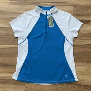NWT Ladies Bermuda Sands Short Sleeve Golf Shirt Blue White Size Medium 50 UPF
